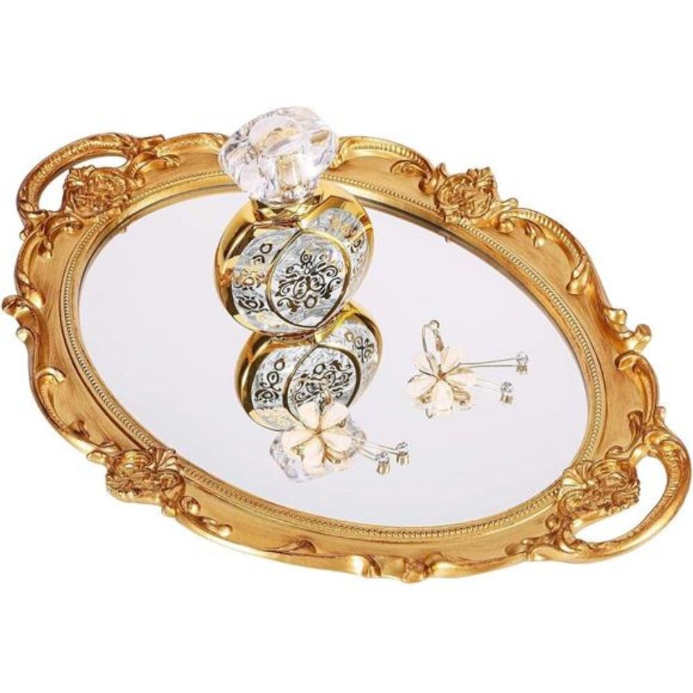 Polyresin Ellipse Antique Decorative Mirror Tray, Makeup Organizer, Jewelry tray
